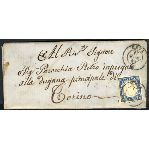 1862, lettera completa del 17.1.1862 da Ceva per Torino, affrancata con 20 c. azzurro oltremare, ottimi margini e leggero annullo, BB/BBB (Sass. 15 Dc).