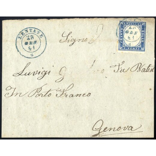 "Lentate", 1861, frontespizio di lettera del 23.1.1861 da Lentate per Genova, affrancata con 20 c. azzurro oltremare, toccato in alto e a destra, piega orizzontale, splendido annullo azzurro "LENTATE, 23 GEN.61", molto raro (Sass. 15 Dc, punti 10).