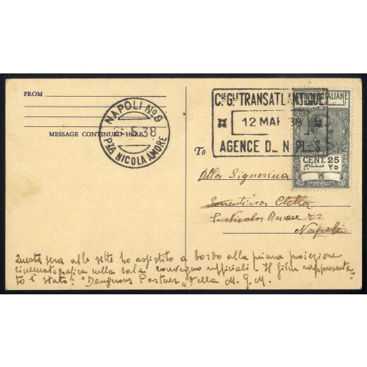 1938, cartolina &quot;USO&quot; il 12.3.38 per Napoli affrancata con marca da bollo da 25 c.
