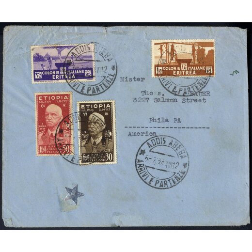 1939, lettera da Addis Abeba il 25.4.39 per Phila (USA) affrancata per 1,30 L., mista Eritrea ed Ethiopia
