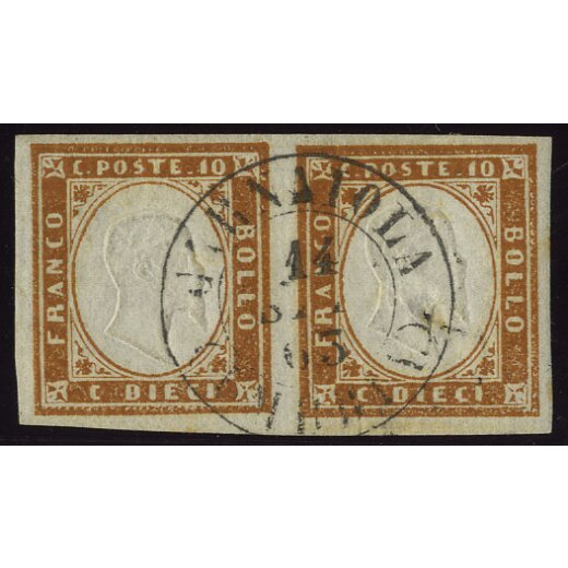 "Carnaiola", 1855-63, coppia 10 c. (Sass. P 11), valore di destra assottigliato, Sass. 14 / 750,-