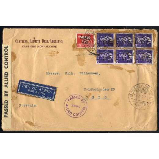 1946, lettera di posta aerea del 5.12.1946 da Trieste per Oslo, affrancata con 5 L. + 6 x 10 L. con soprastampa "A.M.G. / V.G.", con sensura, alcuni francobolli difettosi.