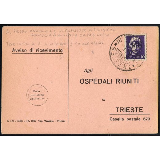 1947, avviso di ricevimento per una raccomandata del 3.9.1947 Capodistria per Trieste, affrancato con 10 L. violetto con soprastampa "A.M.G./V.G.", al retro annullo bilingue di Capodistria -Koper del 20.9.1947.