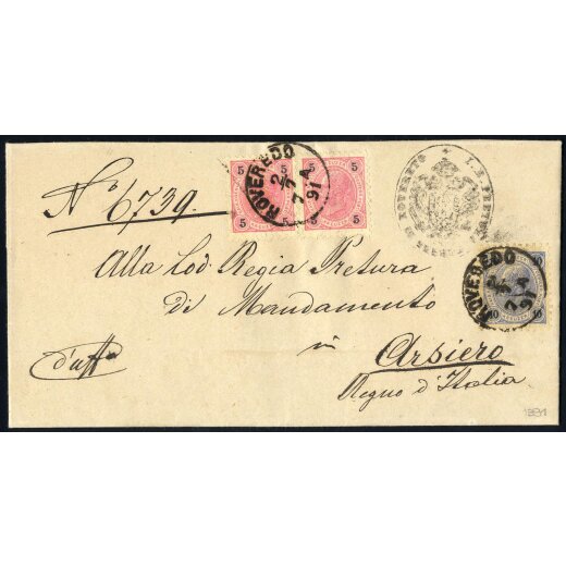 1890, "ROVEREDO 2 / 7 / 7. A / 91", zwei Einkreisstempel auf Paar 5 Kr. + 10 Kr. auf Auslandsbrief der 2. Gewichtsstufe ins Königreich Italien (ANK 53+53+54)