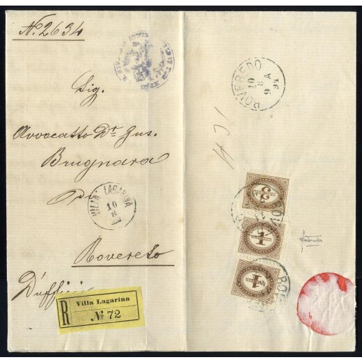 1890, "ROVEREDO 11 / 8 / 7. F / 94", zwei schwarzblaue Einkreisstempel rückseitig auf rekommaniertem Ex - Offo - Brief, attraktive Nachtaxierung (ANK 1+1+3)