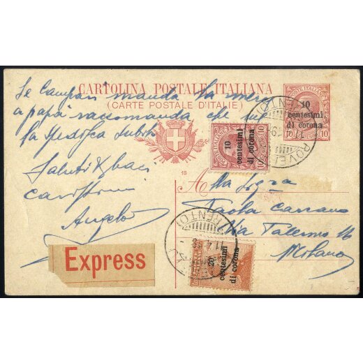 1919, "Rovereto", Karte 10 Cent. mit Zusatzfrankatur 10 Cent. + 20 Cent., Ausgabe für Trient und Triest, vom 11.4.1919 nach Mailand, Rekozettel österreichischer Herkunft vorne