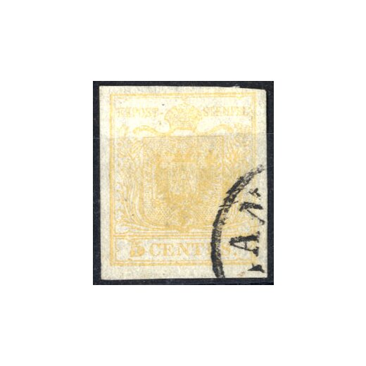 1850, 5 Cent. giallo ocra chiaro, usato, cert. Goller (Sass. 1)