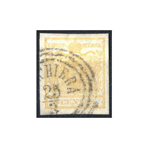 1850, 5 Cent. giallo ocra, carta a seta 0,07mm, usato, cert. Goller (Sass. 1)
