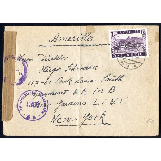 1948, Brief von "Aspang" am 17.1. nach New York (USA) frankiert mit Einzelfrankatur 1 S violett, zensuriert, ANK 859