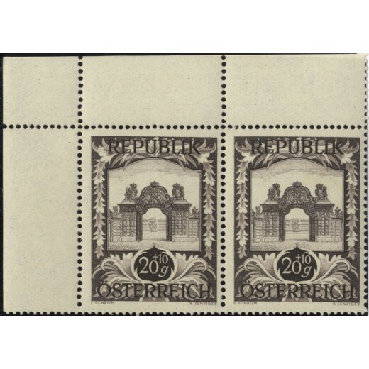194, Künstlerhaus 20+10 Gr. im linken oberen Eckpaar, mit Plattenfehler "weisses Ornament bei R links oben, Befund Glavanovitz, Mi. 817 P1 / 70,-