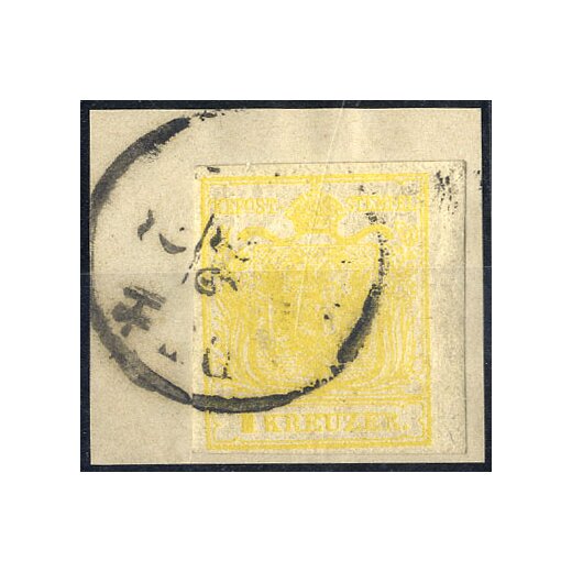 1854, 1 Kr. MPIII zitronengelb auf Briefstück, Befund Strakosch, zarter Diagonalbug (ANK 1MIII)
