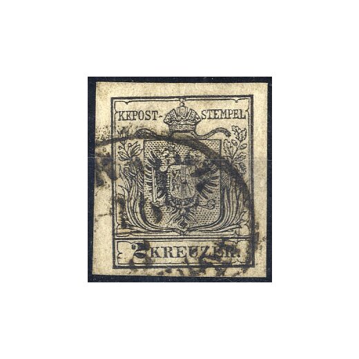 1854, 2 Kr. MPIIIb schwarz, gestempelt, signiert Puschmann VÖB (ANK 2MIIIb)