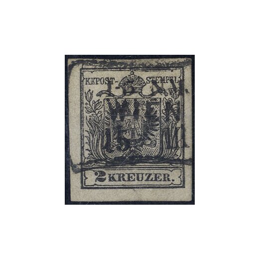 1854, 2 Kr. MPIIIb schwarz, gestempelt, Befund Dr. Ferchenbauer VÖB (ANK 2MIIIb)