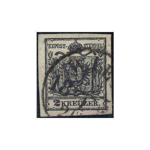 1854, 2 Kr. MPIIIb schwarz, Kartonpapier 0,12 mm, gestempelt, Befund Dr. Ferchenbauer VÖB (ANK 2MIIIb)