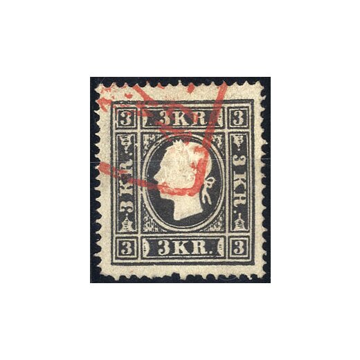 1859, &quot;Rotstempel&quot;, 3 Kr. schwarz, Type II, mit rotem Teilstempel, kurze Eckzahnspitze links unten, Befund Dr. Ferchenbauer V&Ouml;B (ANK 11II)