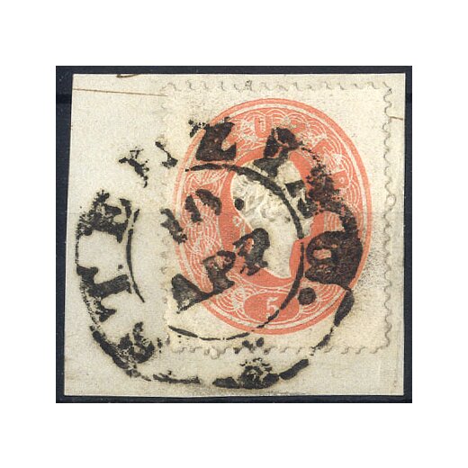 1861, "STERZING 10. / APR.", Tiroler Doppelkreisstempel auf 5 Kr. rot auf Briefstück, Befund Steiner VÖB (Mü. 2717a / 40P.)