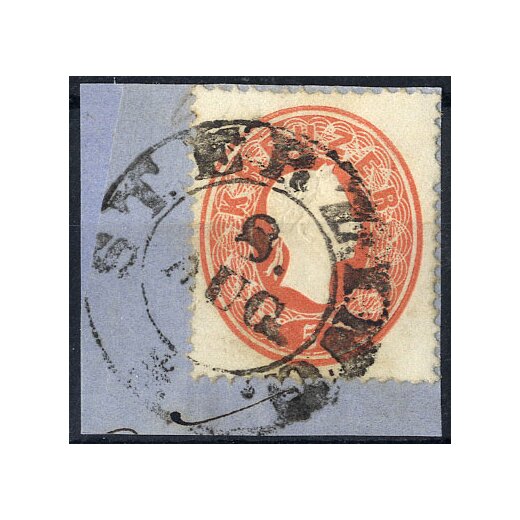 1861, &quot;STERZING 8. / AUG.&quot;, Tiroler Doppelkreisstempel auf 5 Kr. rot auf Briefst&uuml;ck, Befund Steiner V&Ouml;B (M&uuml;. 2717a / 40P.)