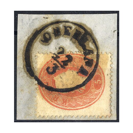 1861, "OBERLANA 22 / 3", Einkreisstempel auf 5 Kr. rot, Befund Steiner VÖB (Mü. 1965a)