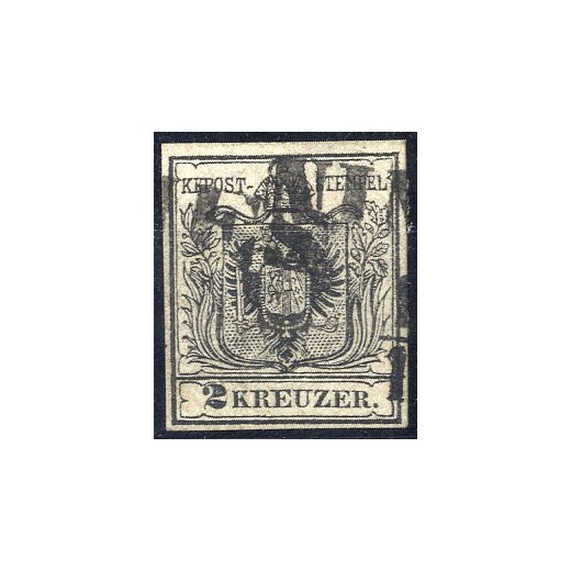 1854, 2 Kr. MPIIIb schwarz, Kartonpapier 0,04 mm, Befund Steiner (ANK 2MIIIb)