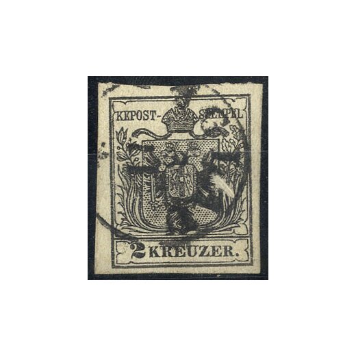 1854, 2 Kr. MPIIIb schwarz, interessante Druckauslassung im Wappen rechts, geprüft (ANK 2MIIIb)