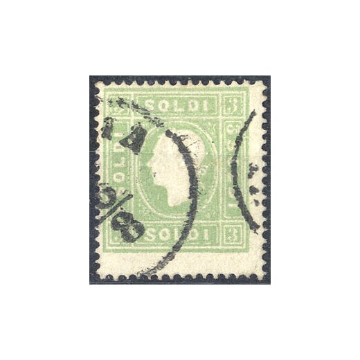 1859, 3 Soldi verde giallo, secondo tipo, carta cartone 0,12 mm, cert. Ferchenbauer (Sass. 35)