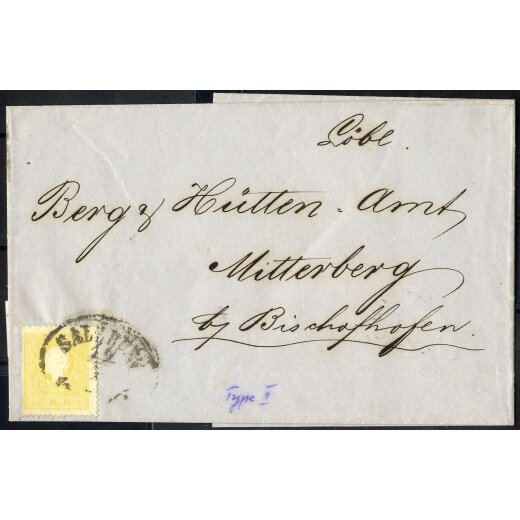 1859, 2 Kr. gelb, Einzelfrankatur auf Drucksachenhülle von Salzburg nach Mitterberg (ANK 10II)