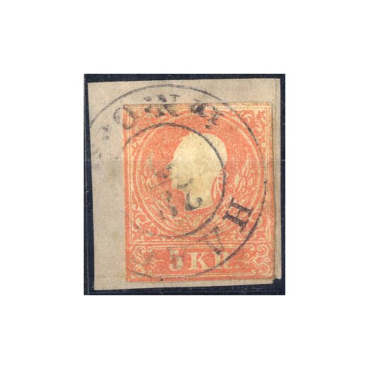 1859, 5 Kr. rot, Type II, an vier Seiten abgeschnittene Zähnung, auf Briefstück (ANK 13II)