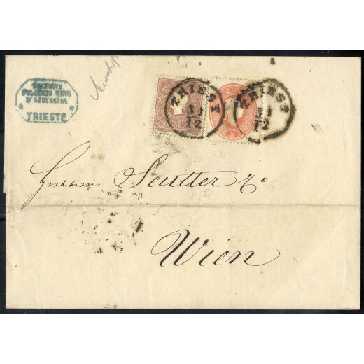 1859/61, Brief der 3. Entfernungsstufe von Triest 31.12.1862 nach Wien mit Mischfrankatur 10 Kr 1859 + 5 Kr. 1861 (ANK 14II+20)