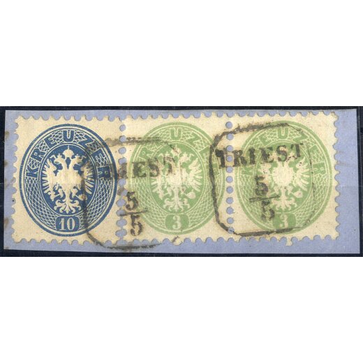1864, Briefstück von Triest mit Paar 3 Kr. grün + 10 Kr. blau, Pracht, Prüfungsmitteilung Babor (ANK 31+31+33)