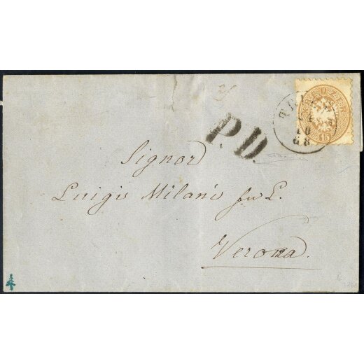 1864, Auslandsbrief von Triest 24.10.1868 nach Verona mit 15 Kr. braun frankiert, Langstempel &quot;P. D.&quot; vorne, ex Provera, Attest BPB (ANK 34)
