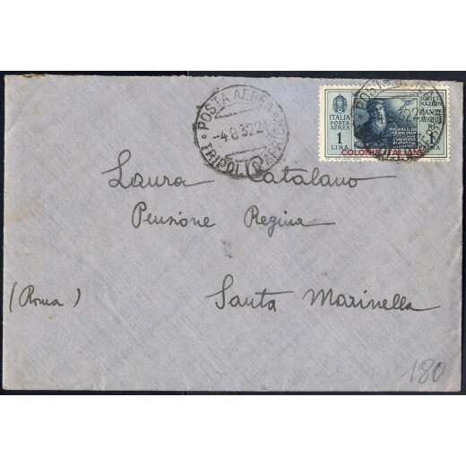 1932, lettera aerea da Tripoli il 4.8. per Santa Marinella affrancata con 1 l. Dante, due dentelli con traccia di ruggine, Sass. A9 / 200,-