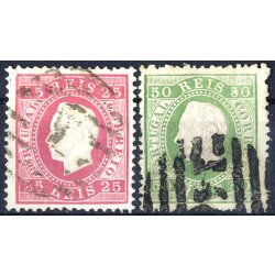 1870/76, Luis I, 25 R. rosa und 50 R. gr&uuml;n, Mi. 38,39