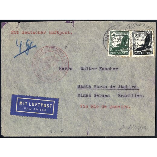 1935/37, 2 Luftpostbriefe von Idar Oberstein am 8.3.35 und am 10.5.37 nach Santa Maria de Jtabira (Brasilien), Mi. 533(2), 535, 537