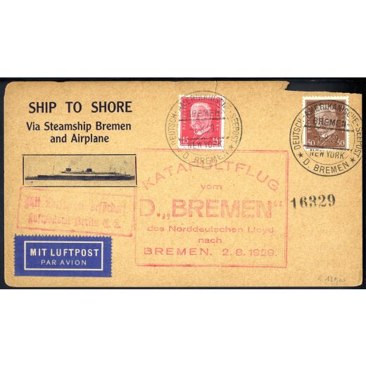 1929, 16329 ter Brief des Katapultflug Schnelldampfer Bremen, blanco, Mi. 414,420