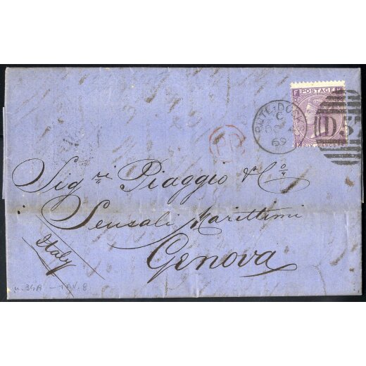 1869, Brief aus Bute Docks am 4.10. nach Genua (Italien) frankiert durch 6 d. Plattennummer 8, SG 108