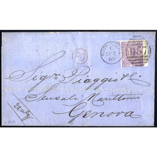1869, Brief aus Bute Docks am 2.9. nach Genua (Italien) frankiert durch 6 d. Plattennummer 8, SG 108
