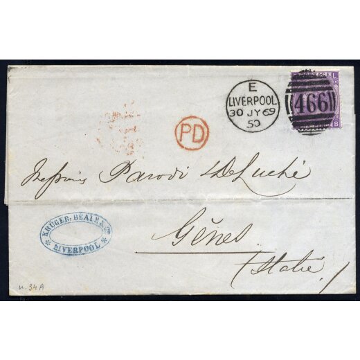 1869, Brief aus Liverpool am 30.7. nach Genua (Italien) frankiert durch 6 d. Plattennummer 8, SG 108