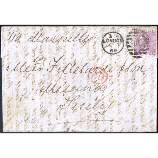 1869, Brief aus London am 7.12. nach Messina (Italien) frankiert durch 6 d. Plattennummer 8, SG 108