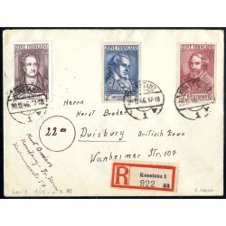 1946, komplette Serie auf 2 Briefen von Konstanz am 13.12. bzw. am 20.12. eingeschrieben nach Duisburg, Mi. 1-13 / 360.-