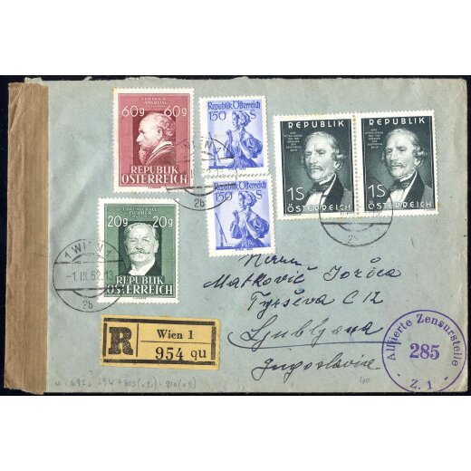 1952, eingeschriebener Brief von Wien am 1.3. nach Ljubljana (Jugoslavien), frankiert über 5,80 S durch ANK 864,866,910(2),986(2), zensiert