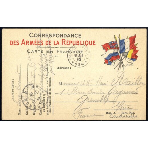 1915, Militärkarte nach Grenoble gestempelt "TRESOR ET POSTES 194" am 30.5. von dem "Expeditionscorps des Orients" aus Gallipoli (16.4.-2.10.) Beschreibung liegt bei