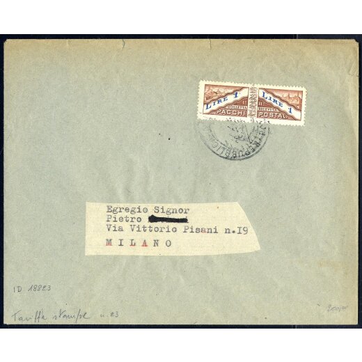 1946, lettera tariffa stampe per Milano affrancata con 1 l. pacchi bruno e azzurro, Sass. 23 II