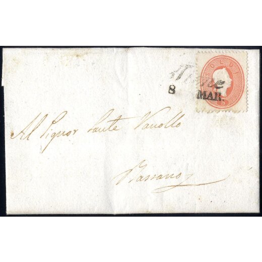 1861, 5 Soldi rosso su lettera da Tiene per Bassano (Sass. 33)