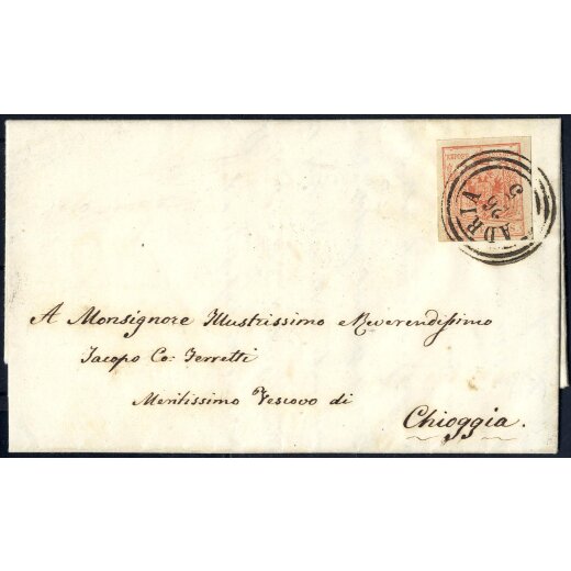 "ADRIA 26 / 5", annullo C3 su 15 Cent. su lettera per Chioggia (Sass. 20 - 3P.)