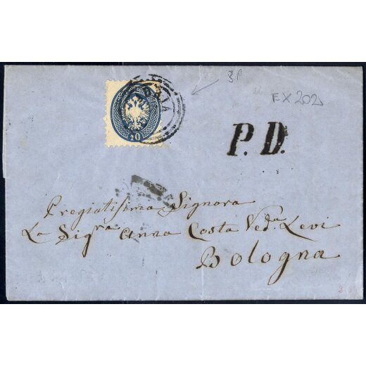 "ADRIA 26 / 8", annullo C3 su 10 Soldi su lettera di "due sezioni" del 26.8.1865 per Bologna, annullo "P. D." sul fronte, non comune (Sass. 44)