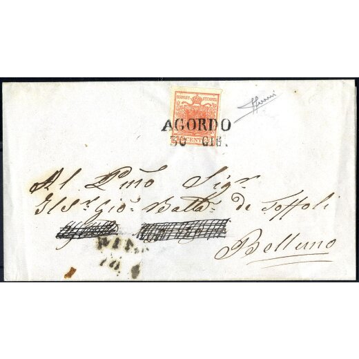 "AGORDO / 30 GIU.", annullo SD su 15 Cent. su lettera per Belluno, parte dell indirizzo depennato (Sass. 3 - 5P.)