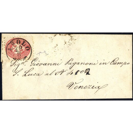 "ASOLO 20 / 8", annullo CO su 5 Soldi rosa su lettera per Venezia, firmata Chiavarello (Sass. 43 - 3P.)