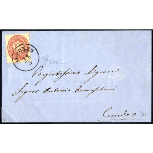 &quot;AURONZO 31 / 3&quot;, annullo C1 su 5 Soldi rosa su lettera per Ceneda, firmata Grioni (Sass. 43 - 5P.)