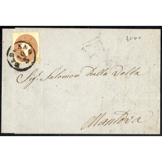 1862, 10 Soldi bruno mattone su lettera da Bassano 10.5.1863 per Mantova (Sass. 34)