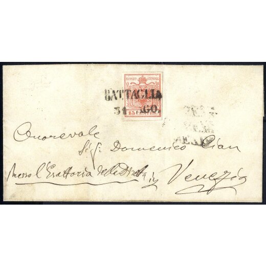 "BATTAGLIA / 31 AGO.", annullo SD su 15 Cent. rosso, prima tiratura, su lettera per Venezia (Sass. 3a - 5P.)